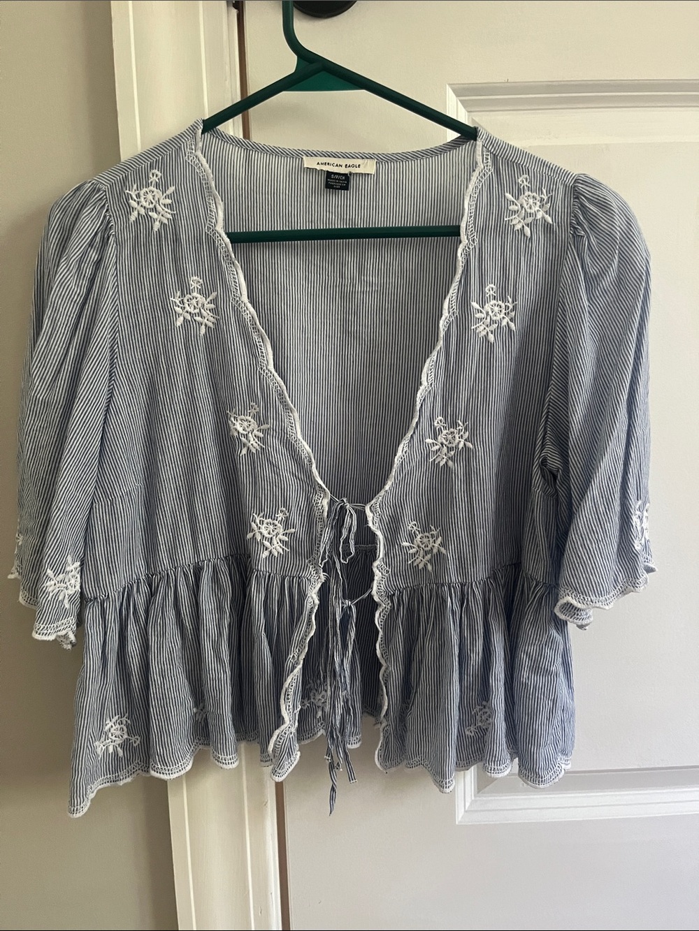 American Eagle Outfitters Blue & White Striped Embroidered Tie-Front Peasant Top